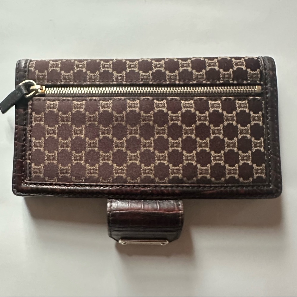CELINE Vintage Brown Monogram 1990-2000 Macadam-pattern Wallet with Croc Trim - Picture 11 of 14